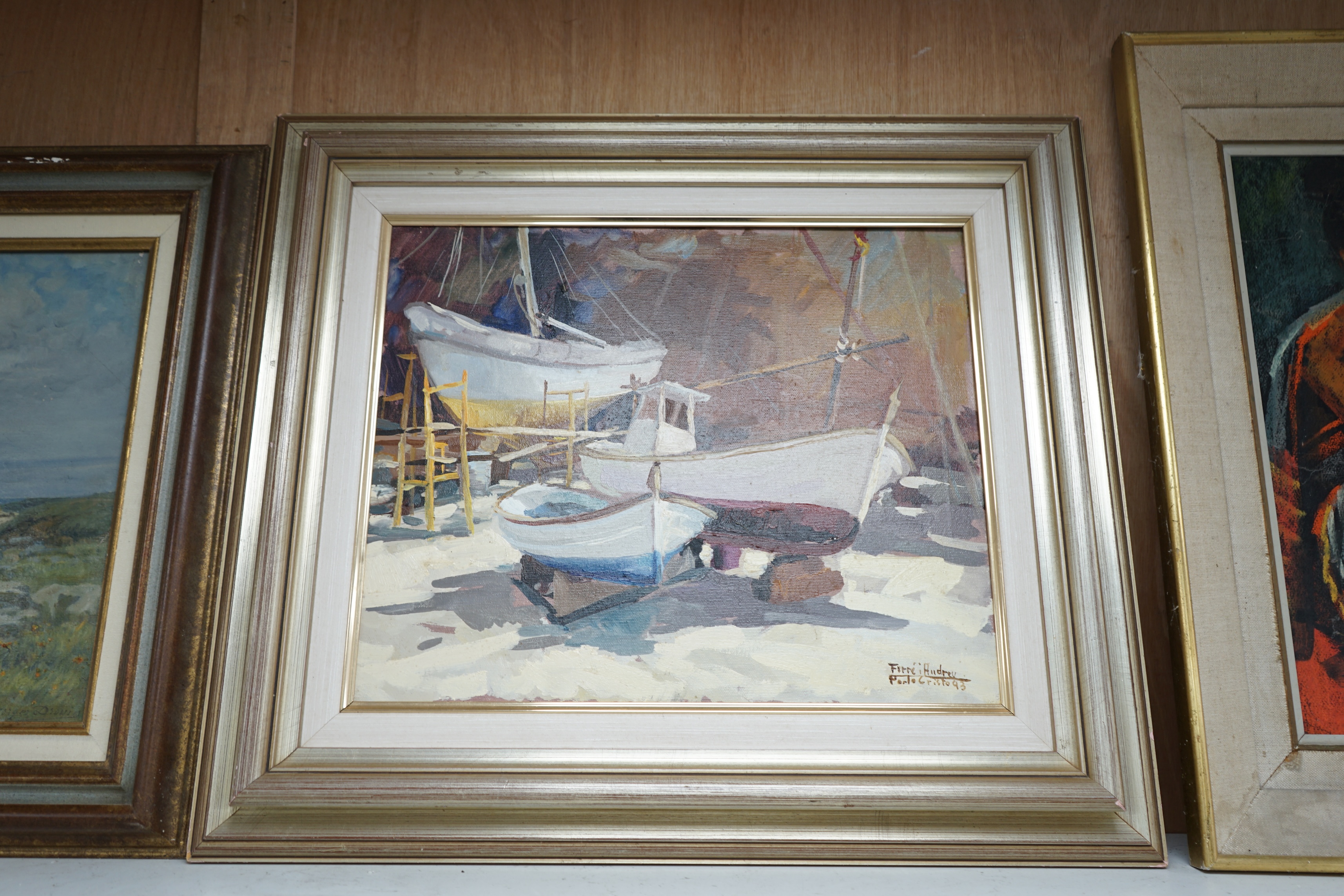 Furre i Audreu, oil on canvas, Harbour view with beached fishing boats, Porto Cristo, signed and dated '93, 37 x 44cm. Condition - good
